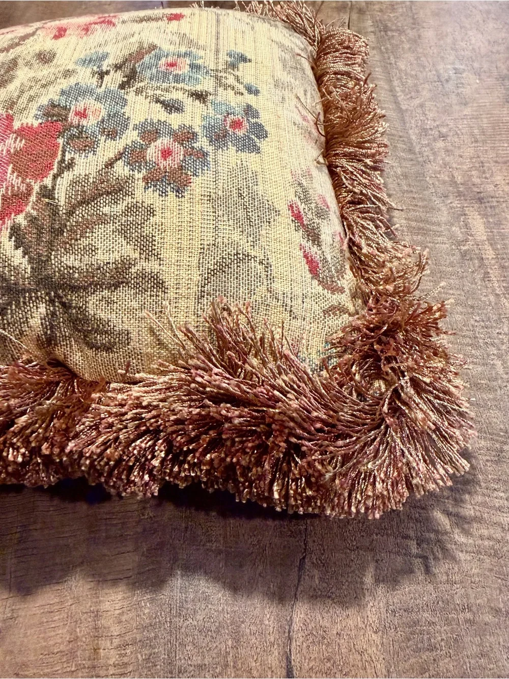 Vintage Floral Tapestry Accent Pillow With Fringe 12x12